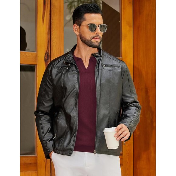 Men's Knit Polo Long Sleeve V-Neck Pullover Sweaters Collared Knitted Wine Red - Picture 5 of 6